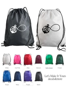 MONOGRAMMED INFINITY ANCHOR NYLON DRAWSTRING BACKPACK GIFT BAG TOTE GYM SPORTS - Picture 1 of 1