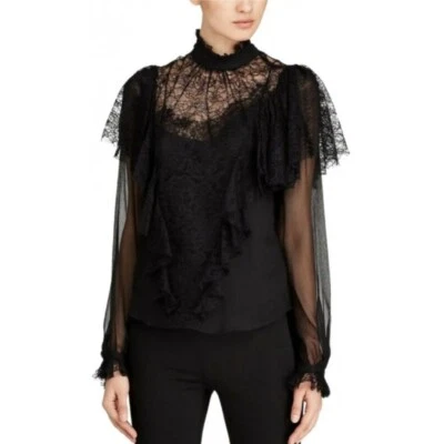 NWOT POLO RALPH LAUREN | Lace Chiffon Black Silk Blend Blouse (Size 10) - Image 1 of 4