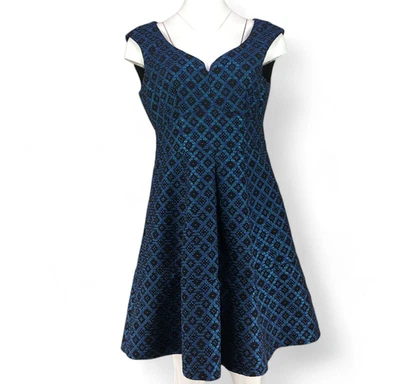 Vestido Nanette Lepore Retrato Cuello Una Línea Corto Cóctel Azul Negro Jacquard 12 Foto 1 de 4