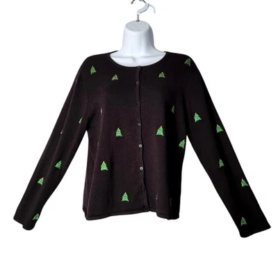Etoile Women’s Large Black Christmas Cardigan Sweater Trees Ugly Xmas Party - Image 1 of 4