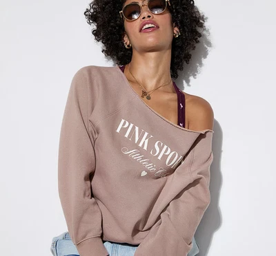 Victoria's Secret PINK Ivy Fleece Off-the-Shoulder Sweater Iced Coffee M SOLDOUT - Image 1 of 4