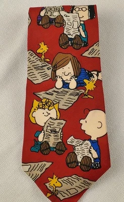 Corbata Cuello Cacahuetes Charlie Brown Snoopy Periódico de Lectura 100% Seda Nueva con Etiquetas Hecha en EE. UU. Foto 1 de 4