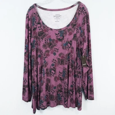 Top Torrid Calavera Rosas Púrpura Súper Suave Cuello Redondo Ajuste Acampanado Manga Larga Talla 2 Foto 1 de 4