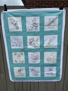 Blue Aqua Cats Kittens Handmade Quilt Baby Child Quilted Blanket 35x45 - Picture 1 of 14