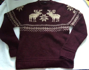 Vtg Abercrombie & Fitch Hand Knit Wool Burgundy Double Moose Sweater 92 Winter - Picture 1 of 8