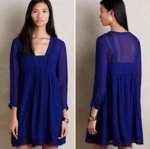 Mini abito tunica boho Anthropologie $128 taglia 4 pizzo blu all'uncinetto trasparente manica a 3/4 - Foto 1 di 22