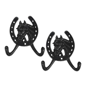 2 Pcs Horse Head Wall Hanging Hook Horseshoe Hooks Black Metal Cast Iron - Picture 1 of 12