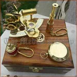 VINTAGE MARITIMER KOMPASS TELESKOP SEXTANT MIT HOLZKISTE NAUTISCH MESSING GESCHENKSET - Bild 1 von 4