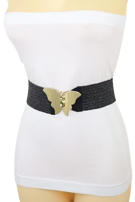 Women Black Stretch Braided Strap Fashion Belt Gold Metal Butterfly Buckle S M - Image 1 of 4