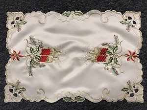 Beige Christmas Red Candle Poinsettia Embroidery Cutwork Table Placemats Runner  - Picture 1 of 7