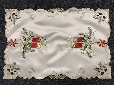Beige Christmas Red Candle Poinsettia Embroidery Cutwork Table Placemats Runner  - Image 1 of 4