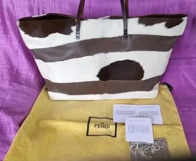 Bolso de Mano Fendi Gelásico Pelo de Becerro Bolsillo Interior Marrón Blanco Doble Asa JPN Foto 1 de 4