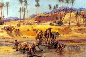 THE NUBIAN DESERT OASIS CAMEL ARAB WATER PAINTING BY FREDERICK A BRIDGMAN REPRO - Picture 1 of 3