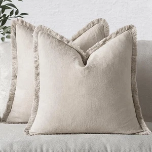 Decorative Throw Pillow Covers Neutral Linen Fringe Throw Pillows Set of 2 Natur - Picture 1 of 12