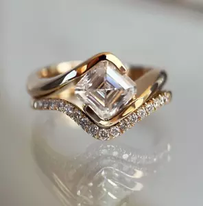 Bypass Engagement Ring Set Asscher Cut Moissanite Ring With Curved Stacking Band - Picture 1 of 5
