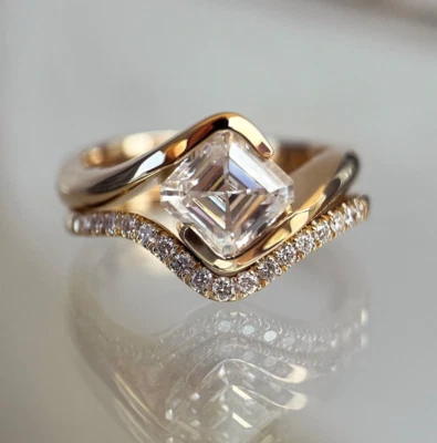 Bypass Verlobungsring Set Asscher Cut Moissanit Ring mit geschwungenem Stapelband - Bild 1 von 4