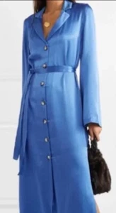 Staud Satin Sandy Midi Shirt Dress •XS• Blue Bell Sleeves Button Front NO BELT - Picture 1 of 16