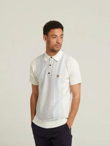 Gabicci Vintage V52GM00 Mens Searle Stripe Three Button Knitted Polo White Blue - Picture 1 of 1