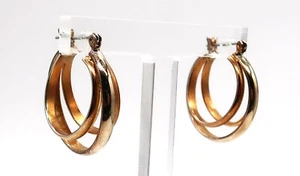 VTG Tri-color Gold Tone Dangling Triple Hoop Stud Earrings Jewelry - Picture 1 of 9