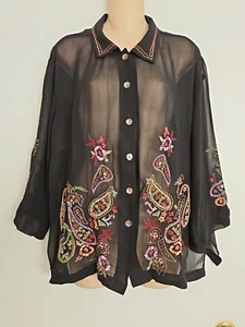 Coldwater Creek Black Top Blouse Paisley Beaded Embr SHEER Button Front PXL - Picture 1 of 9