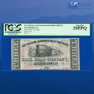 1861 $3 Jackson & Great Northern RR Co, New Orleans LA, Obsolete Note, PCGS 35 Q - Picture 1 of 2