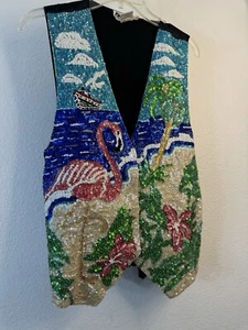 80s 90s Flamingo Sequin Sea Shell Vest Tropical Sparkle Palm Tree Large Beach - Picture 1 of 12