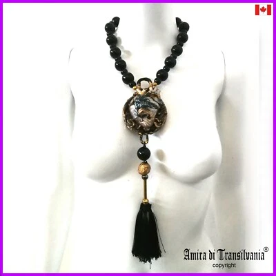 Brutalist Jewelry Woman Necklace Massive Pendant Victorian Style Black Heart Bib - Image 1 of 4