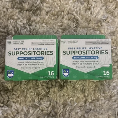 (2) Rite Aid Fast Relief Laxative 16 Suppositories Bisacodyl 10mg Exp:12/27 - Image 1 of 4