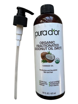 Aceite de coco fraccionado orgánico PURA D'OR para rostro, piel y cabello - 16 oz Foto 1 de 4