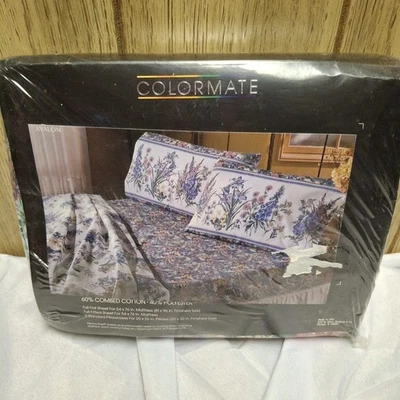 Vtg Sears ColorMate Flat Full Size Sheet Percale Cotton Blend NEW Floral NOS 80s - Image 1 of 4