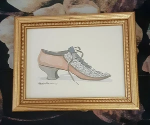 Vintage Peggy Abrams Aquarelldruck viktorianischer Schuh signiert und goldgerahmt - Bild 1 von 4