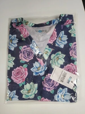 CORE By Maevn Floral Best Buds Women's 3-Pocket V-Neck Print Scrub Top Sz. S NEW - Image 1 of 4