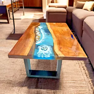 24"x48" Blue Epoxy Resin Dining Table Acacia Wood Handmade Arts Furniture Decors - Picture 1 of 9