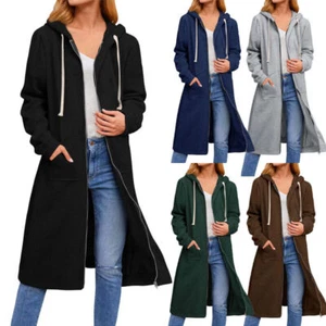 Women Ladies Long Hooded Hoodie Zip Up Pocket Jumper Fleece Coat Sweatshirt Tops - Picture 1 of 16