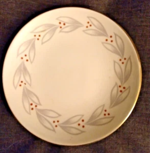 EXC LN Homer Laughlin RHYTHM 6" Small Plates Gray Leaves Red Dots Gilded K54N5 - Picture 1 of 4