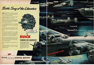1944 Buick Engines power B-24 Liberator Bomber Squadron art WWII 2-page Print Ad - Picture 1 of 1