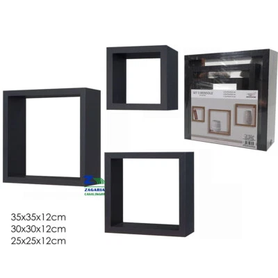 SET 3 MENSOLE CUBI DA PARETE IN LEGNO COLORE NERO KIT DI FISSAGGIO INCLUSO - Immagine 1 di 2