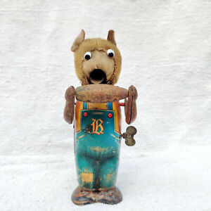 Vintage Bear Dancing Eating Corn Clockwork Cloth Textured Tin Toy Japan Toy150