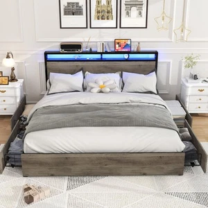 King Size Bed Frame with 4 Storage Drawers, LED Platform Bed with Headboard, ... - Picture 1 of 7