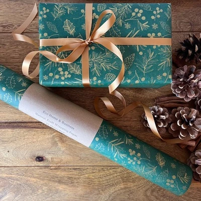 Christmas Wrapping Paper Green & Gold Foliage KRAFT Eco Gift Wrap Sheet Roll - Image 1 of 2
