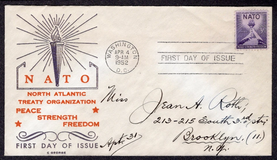 1952 NATO 3rd Anniversary (Scott 1008) - C. George Raised ink Cachet FDC TD758 - Image 1 of 1