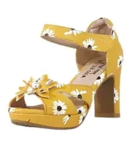 CHELSEA CREW DAISY YELLOW FLORAL 3.5" BLOCK HEEL SANDAL 38 7 7.5 8 M NEW NIB BOX - Picture 1 of 9