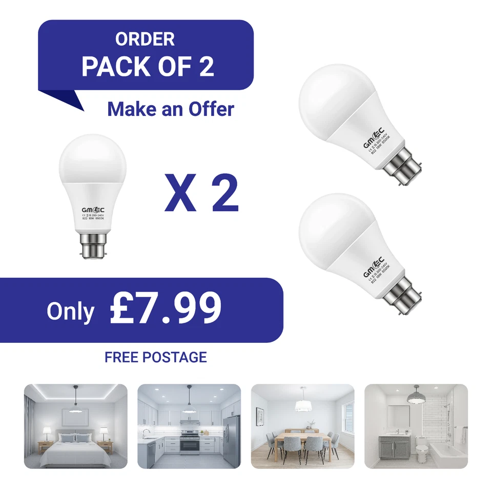 GMEC LED Bulb 18W B22 Bayonet Energy Saving Light Cool White 6500K 2 Pack Free Post