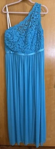 Davids Bridal Formal Dress Malibu Blue One Shoulder Lace & Chiffon Long Size 18 - Picture 1 of 8
