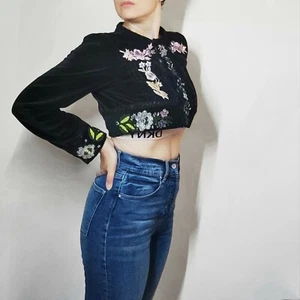 Designer STELLA FOREST Cropped Velvet Black Beaded Embroidered Jacket 42 12 M 10 - Picture 1 of 10