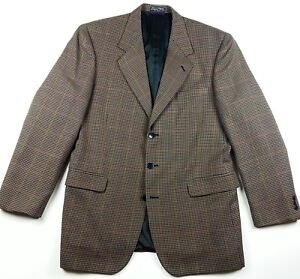 Jeffrey Banks Sport Coat Mens 44 R Brown 3 Button Houndstooth Windowpane Wool Bl