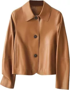 Chaqueta de cuero recortada de piel de oveja marrón para mujer - Estilo clásico - Imagen 1 de 6