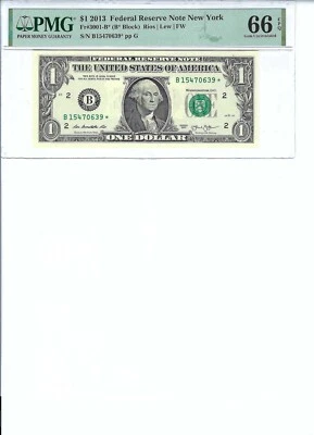 2013 $1 FRN FR3001-B* PMG 66 Gem UNC EPQ, New York * Note S/N B15470639*!!! - Image 1 of 2