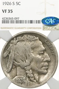 1926-S 5C NGC VF35 CAC Buffalo Nickel - Picture 1 of 4