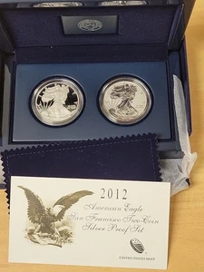 2012 S REVERSE PROOF SILVER EAGLE 2 COIN SAN FRANCISCO SET WITH BOX/COA🔥 - Picture 1 of 8